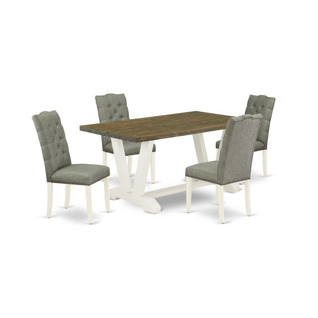 V076EJ9Z6-N 5-Piece Dining Ensemble Featuring Rectangular Table with Unique V-Legs and 4 Linen Gray Chairs