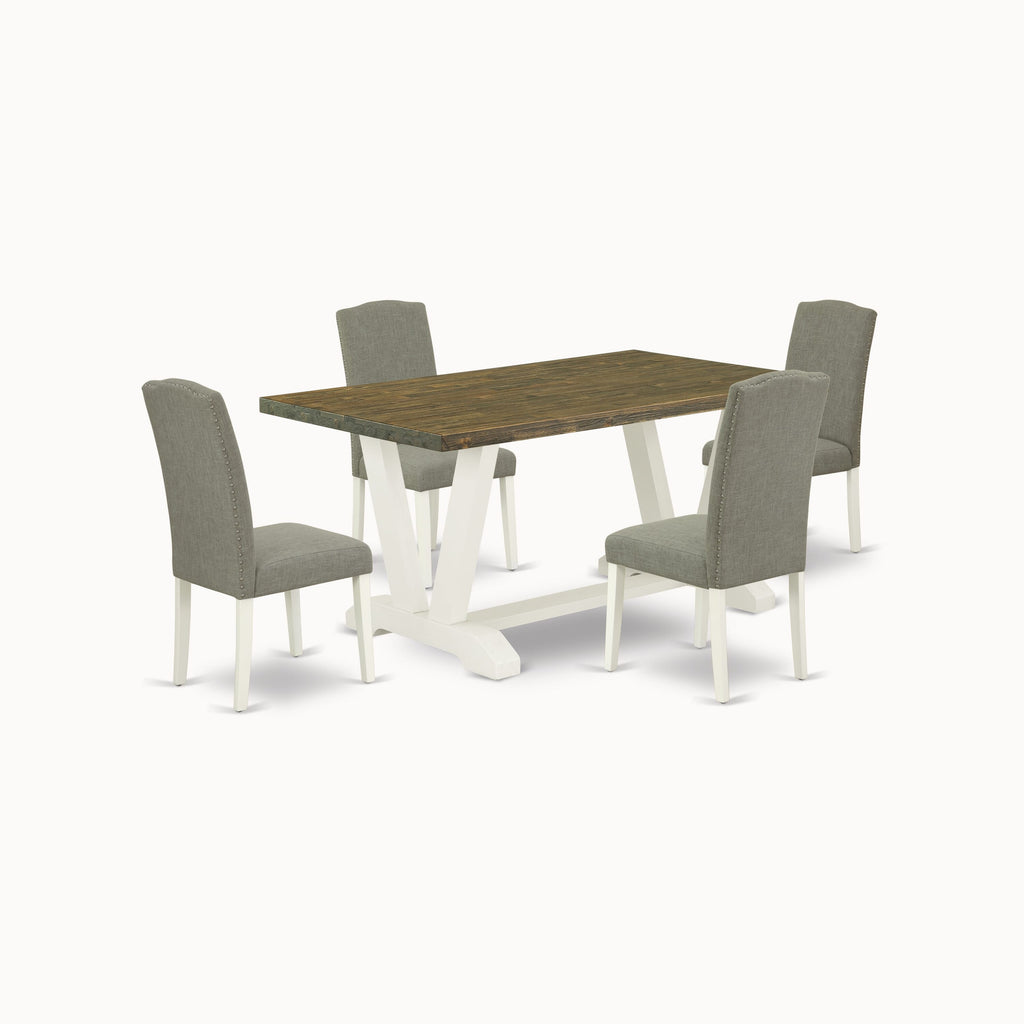 V076EQQ2K-P Dinette Set 5-Piece Ensemble with V-Legged Rectangular Table and 4 Dark Shitake Upholstered Dining Chairs (36x60, Multi-Hue)