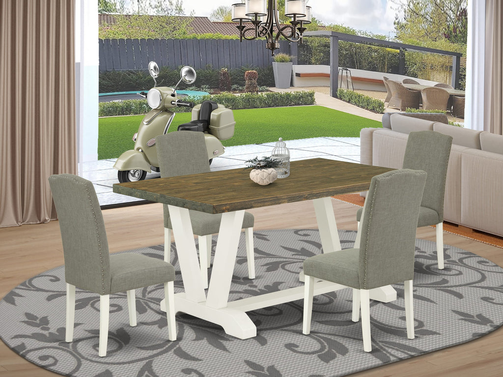 V076EQQ2K-P Dinette Set 5-Piece Ensemble with V-Legged Rectangular Table and 4 Dark Shitake Upholstered Dining Chairs (36x60, Multi-Hue)