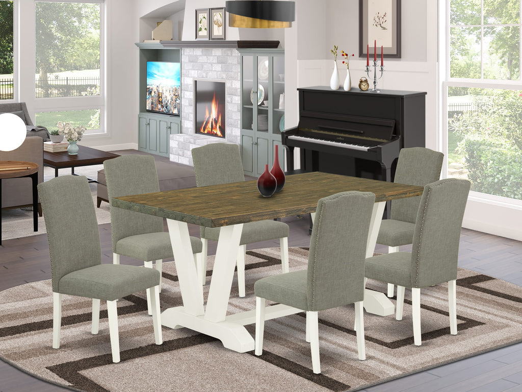 7 Piece Dining Room Set with V076EJHV4-G V-Leg Table & Upholstered Chairs in Shitake & Multi-Color Linen Fabric