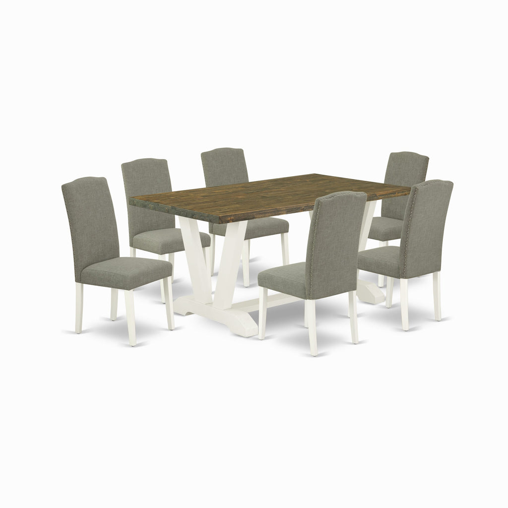 7 Piece Dining Room Set with V076EJHV4-G V-Leg Table & Upholstered Chairs in Shitake & Multi-Color Linen Fabric