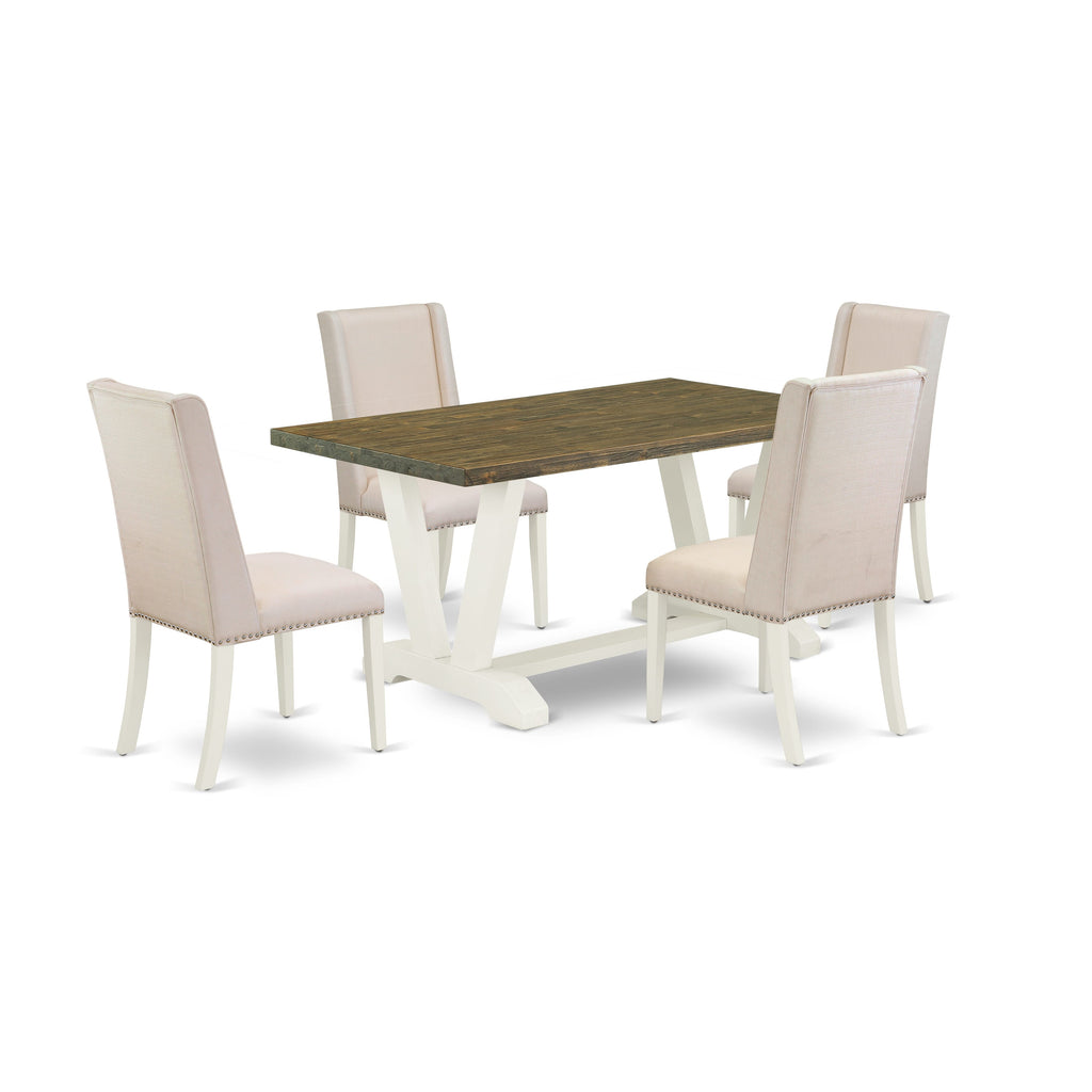 V076F5K2V-7 Elegant 5-Piece Dining Set Rectangle Table with Unique V-Legs & Cream Linen Chairs