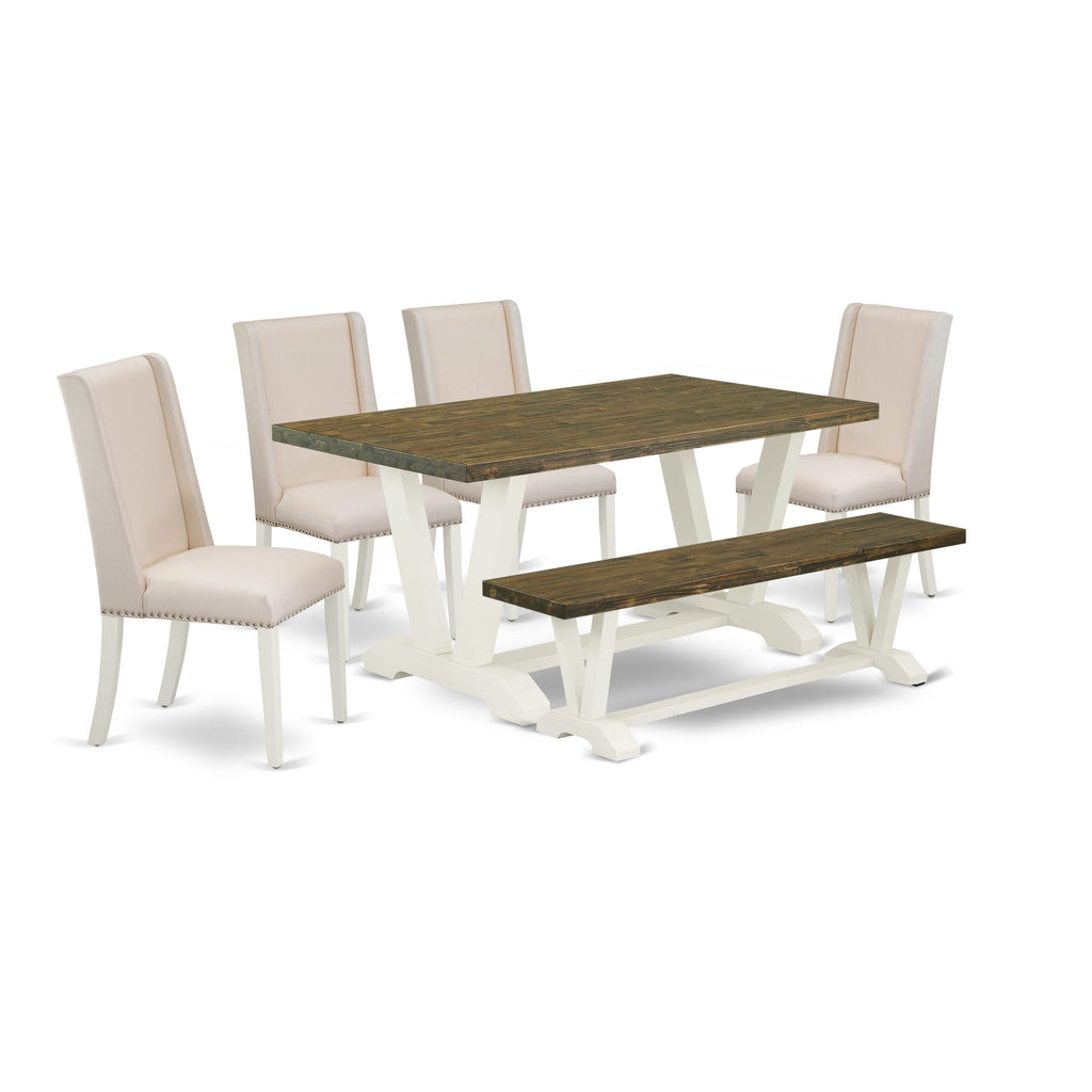 V076FUPB7-D Rectangle Table Set with V-Legs and 4 Cream Linen Chairs and Bench, 36x60 Inches, Mixed Color 6-Piece Collection