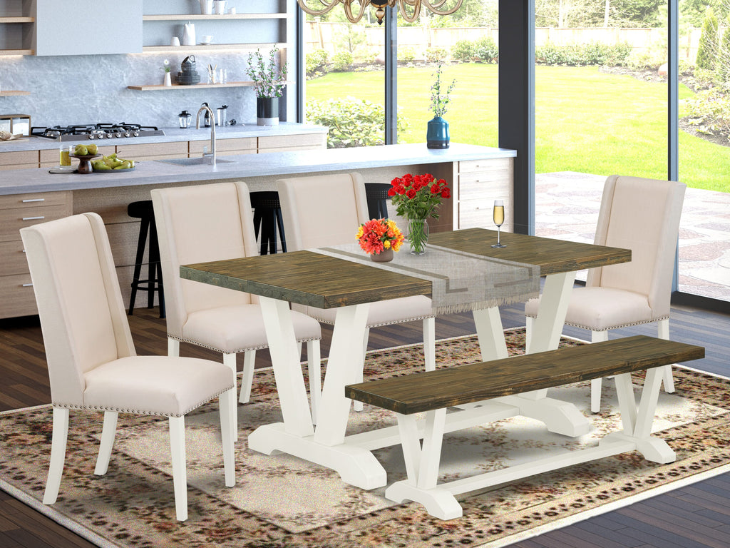 V076FUPB7-D Rectangle Table Set with V-Legs and 4 Cream Linen Chairs and Bench, 36x60 Inches, Mixed Color 6-Piece Collection