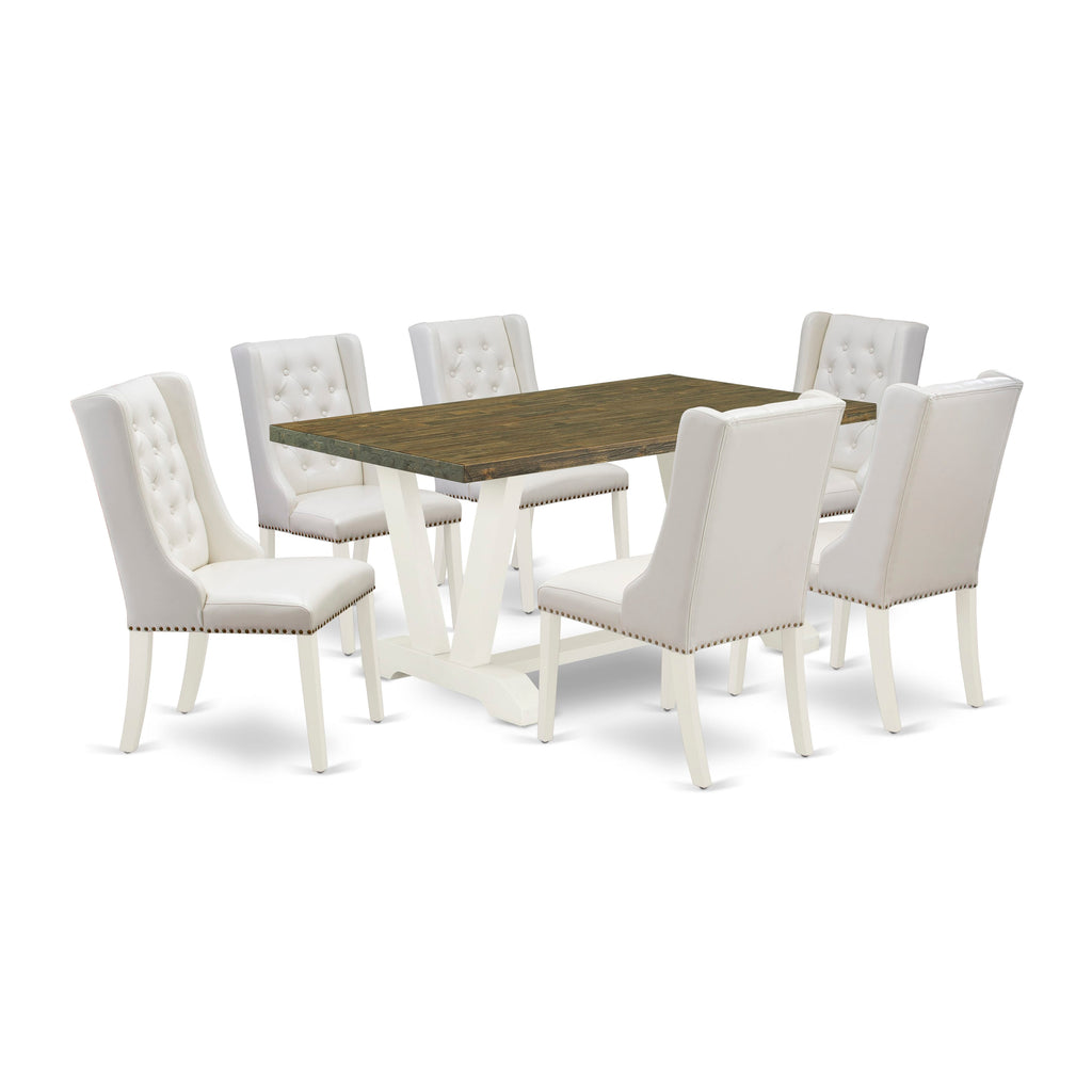V076F4AYP-C 7-Piece Dining Ensemble Rectangle Table with Distinctive V-Legs & 6 Chairs