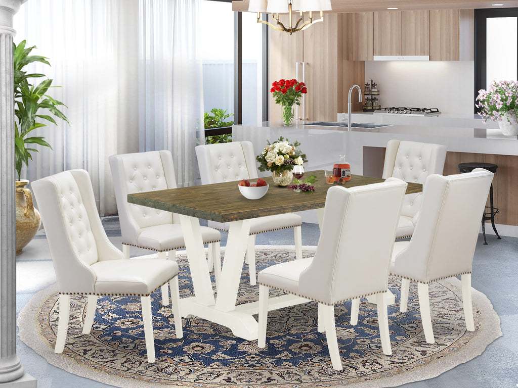 V076F4AYP-C 7-Piece Dining Ensemble Rectangle Table with Distinctive V-Legs & 6 Chairs