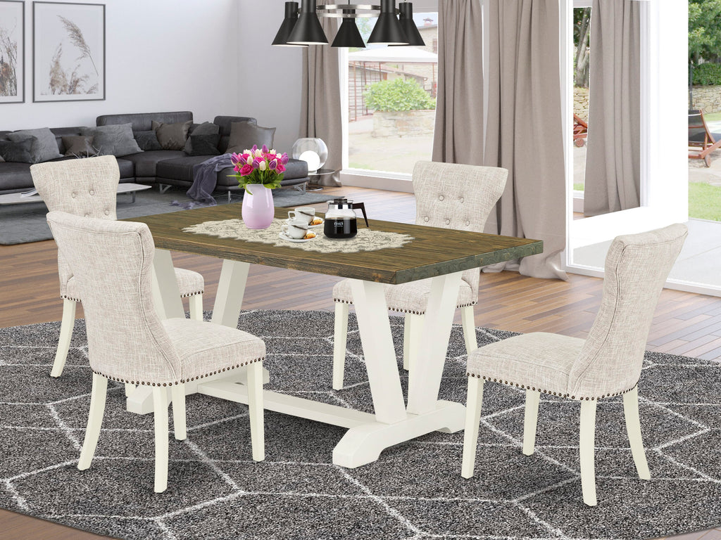 V076GW4A3-6 6-Piece Dining Set with V-Leg Design Table and Linen Seats, Includes Chairs, 36x60 Inch, Multi-Colored