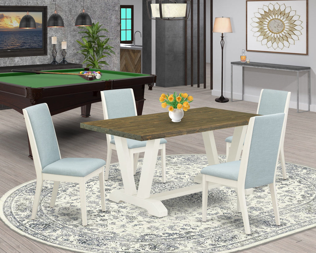 V076L3ZGU-L Rectangle Dining Ensemble - V-Leg Table with 4 Blue Upholstered Chairs, Multi-Color, 36x60 Inch
