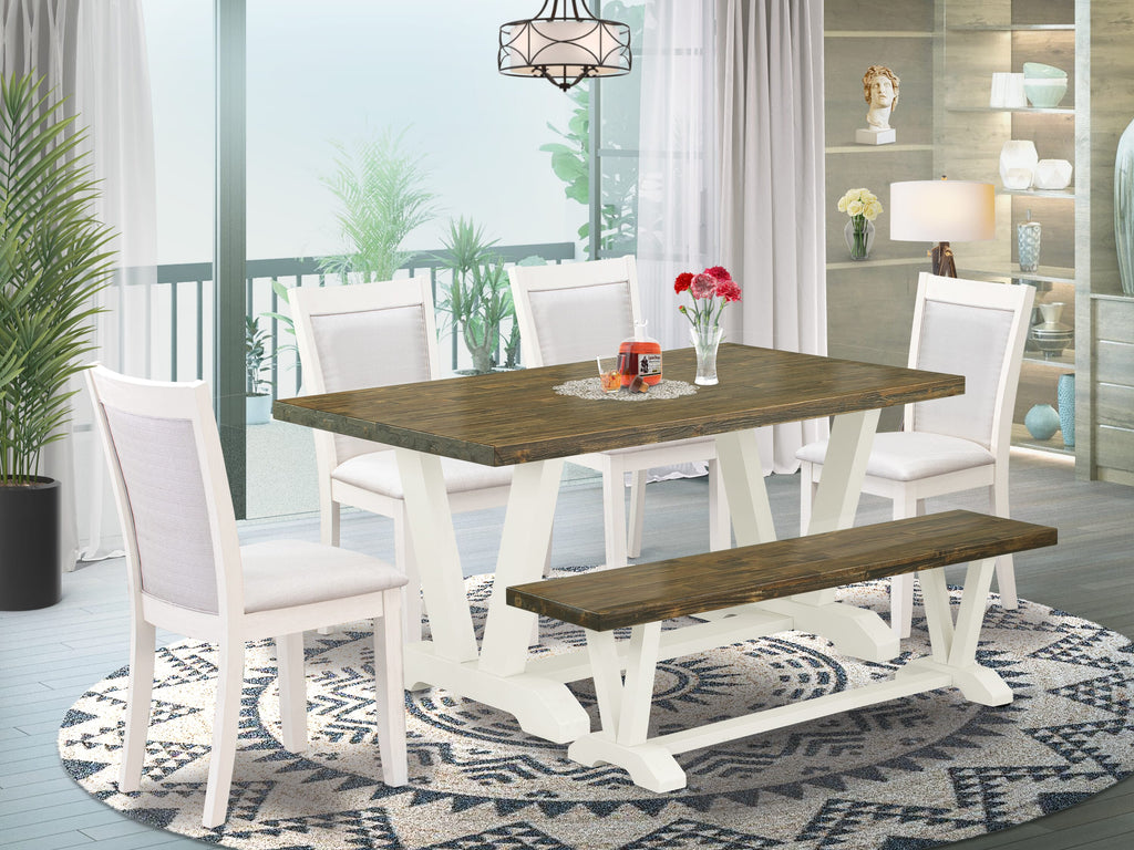 V076MEBEW-J Dinette Set with V-Legs Table, Chairs & Bench, Cream Fabric, 36x60 Multi-Color
