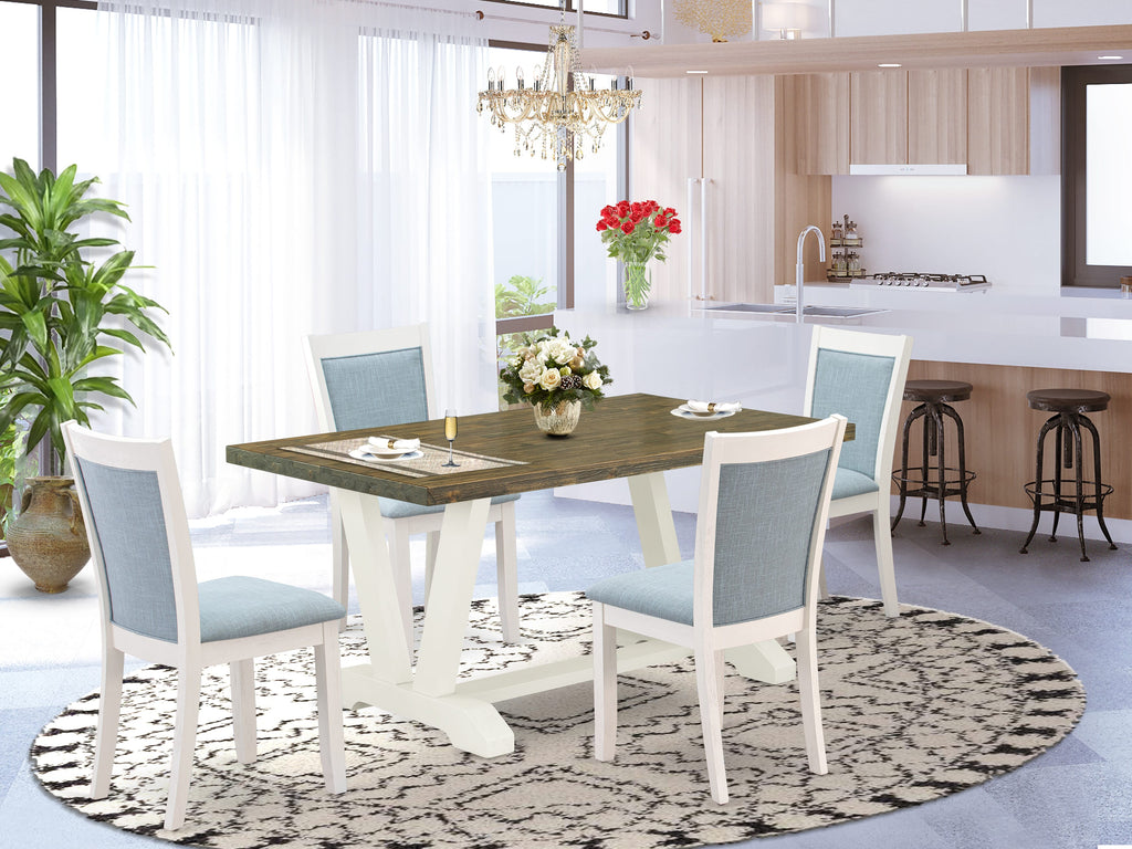 V076MMGPL-Y 5-Piece Set Rectangle V-Leg Table with 4 Blue Linen Parson Chairs, 36x60 Multi-Hue Dining