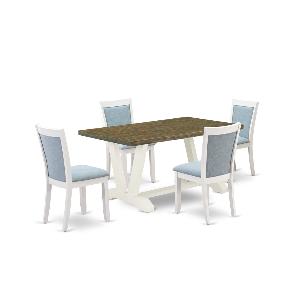 V076MMGPL-Y 5-Piece Set Rectangle V-Leg Table with 4 Blue Linen Parson Chairs, 36x60 Multi-Hue Dining