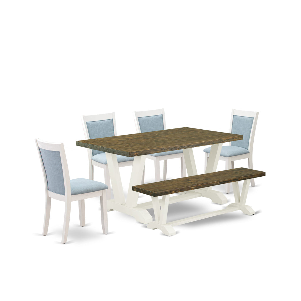 V076MOCM7-2 6-Piece Dining Ensemble Table, Blue Chairs & Bench, Multi-Color 36x60