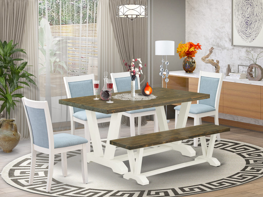 V076MOCM7-2 6-Piece Dining Ensemble Table, Blue Chairs & Bench, Multi-Color 36x60