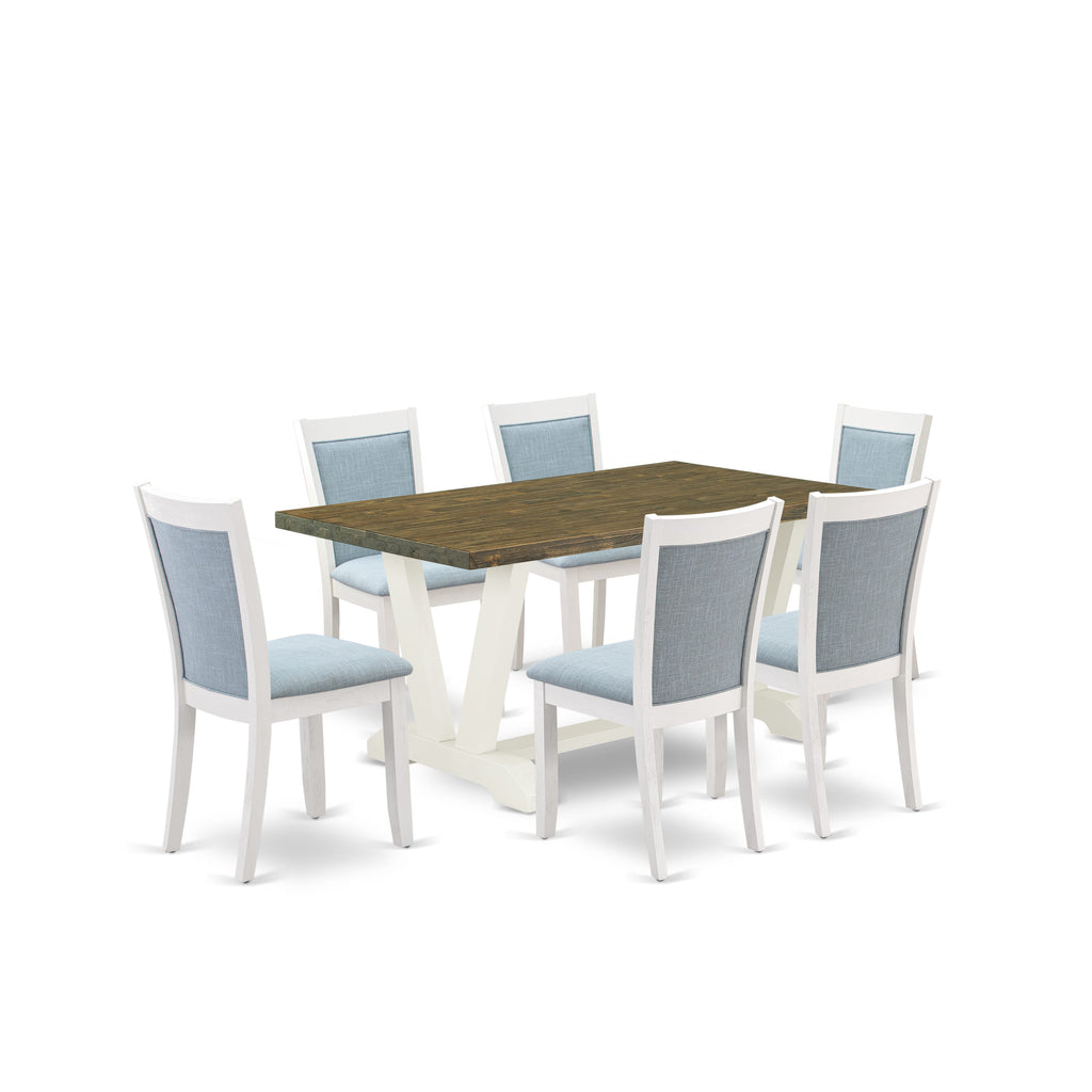 7pc V076MXDOG-1 Dining Ensemble with V-Leg Table and 6 Blue Linen Chairs, 36x60 Multi-Color Set