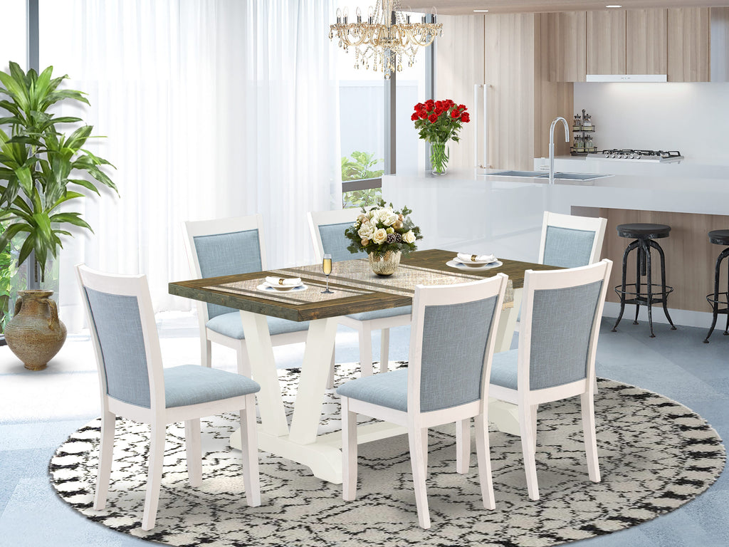 7pc V076MXDOG-1 Dining Ensemble with V-Leg Table and 6 Blue Linen Chairs, 36x60 Multi-Color Set