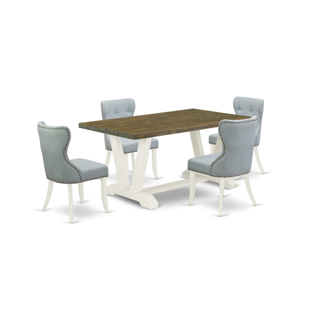 V076SKEFZ-H 5-Piece Dining Set Rectangular Table with V-Legs & 4 Upholstered Chairs, 36x60