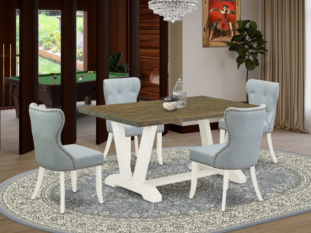 V076SKEFZ-H 5-Piece Dining Set Rectangular Table with V-Legs & 4 Upholstered Chairs, 36x60