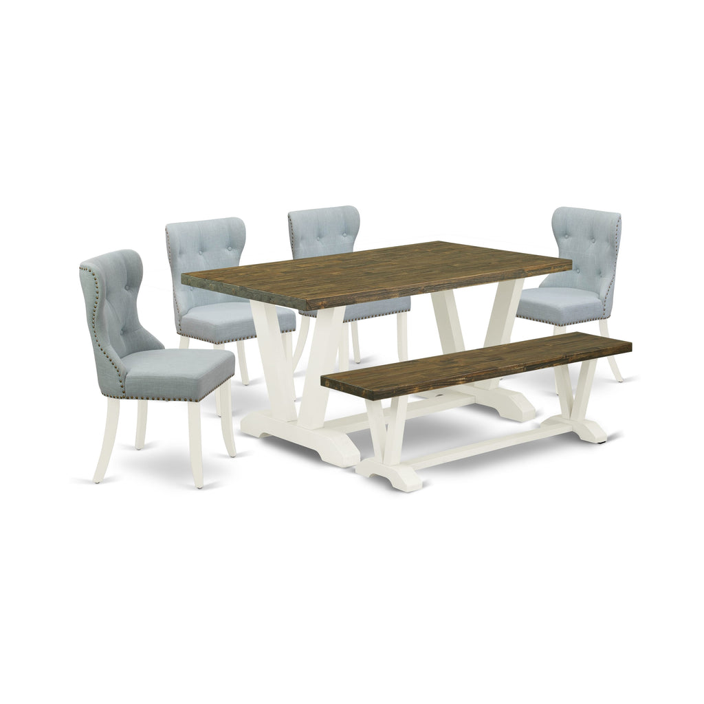 V076SE6A1-C 6-Piece Dining Set Featuring Rectangular Table with V-Legs, Fabric Chairs, and Bench, Multi-Color