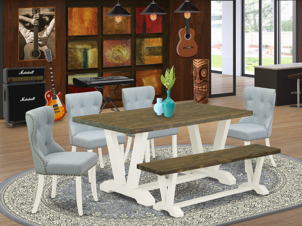 V076SE6A1-C 6-Piece Dining Set Featuring Rectangular Table with V-Legs, Fabric Chairs, and Bench, Multi-Color