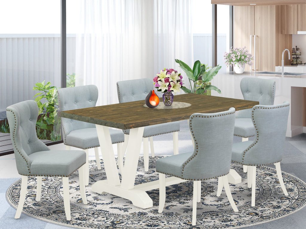 V076SL0ID 7-Piece Dining Ensemble with Rectangular Table and 6 Upholstered Chairs in Baby Blue