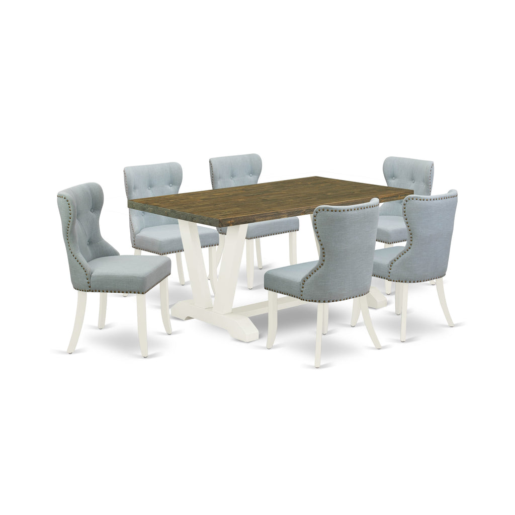 V076SL0ID 7-Piece Dining Ensemble with Rectangular Table and 6 Upholstered Chairs in Baby Blue