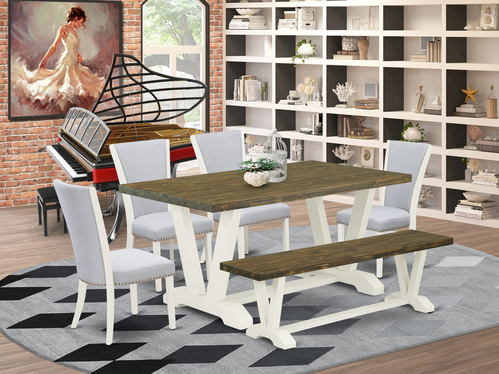 V076VFD5N-H Stylish 6 Pc Dining Ensemble with Rectangular Table, V-Legs, Parson Chairs & Bench in Multi-Color
