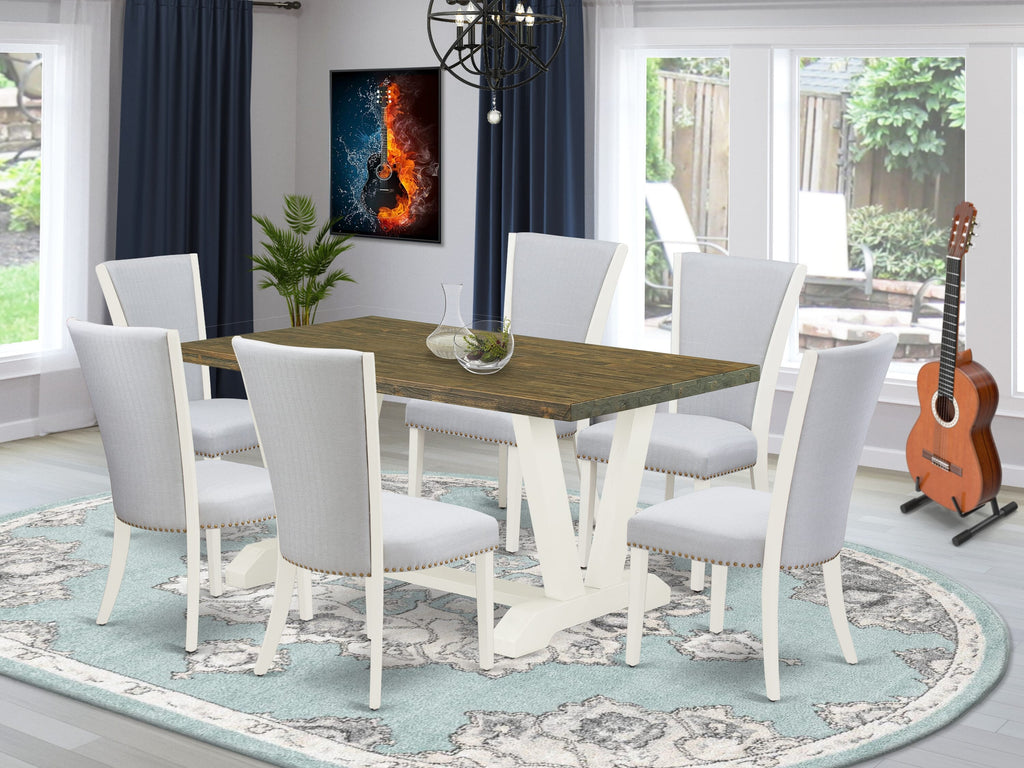 V076VGEH2-C 7-Piece Dining Set with V-Legs, Rectangle Table and Grey Upholstered Chairs, 60x36, Multi-Hue