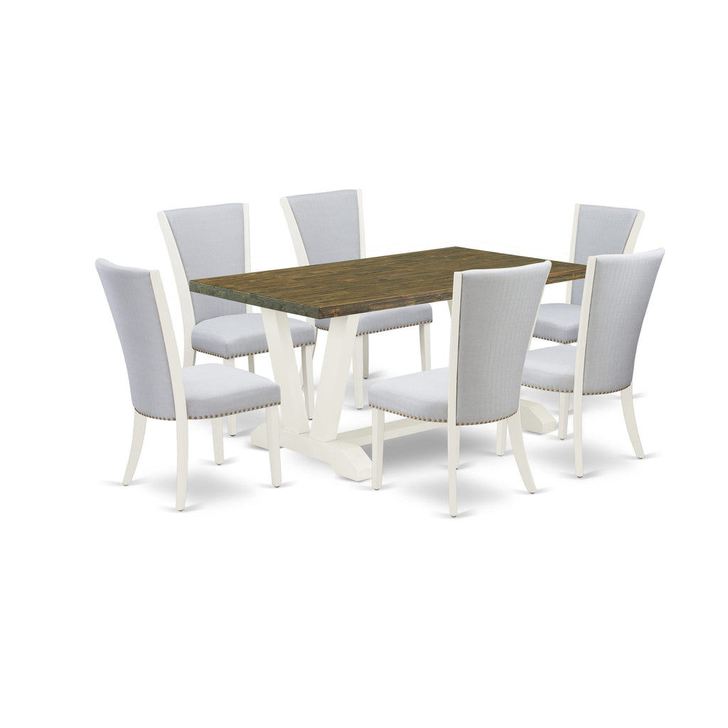 V076VGEH2-C 7-Piece Dining Set with V-Legs, Rectangle Table and Grey Upholstered Chairs, 60x36, Multi-Hue