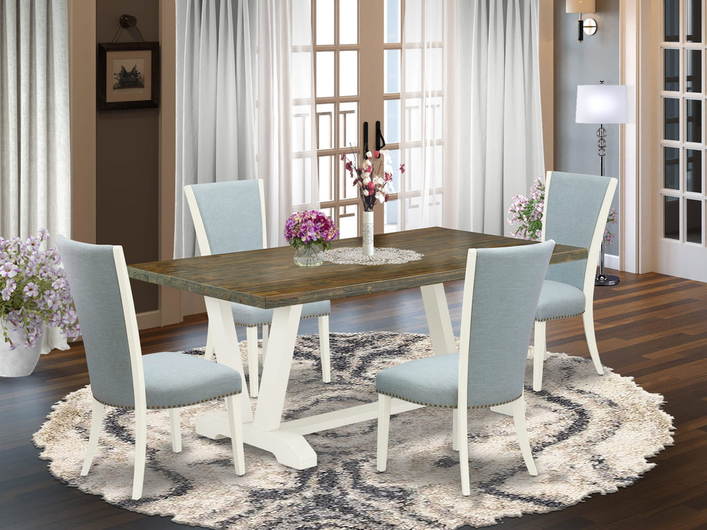 5-Piece Dining Set with V-Shape Legs V076VD58T-Y Includes 36x60 Table & 4 Blue Upholstered Chairs