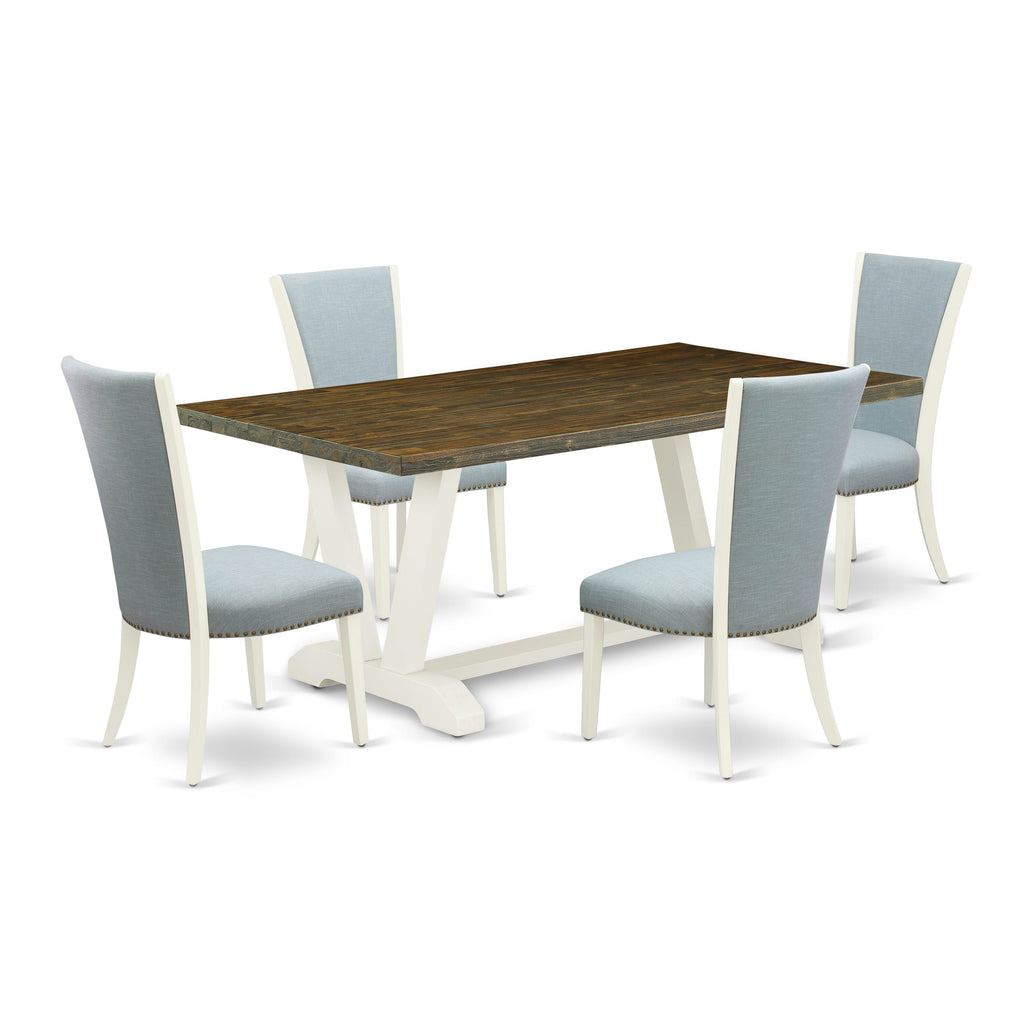 5-Piece Dining Set with V-Shape Legs V076VD58T-Y Includes 36x60 Table & 4 Blue Upholstered Chairs