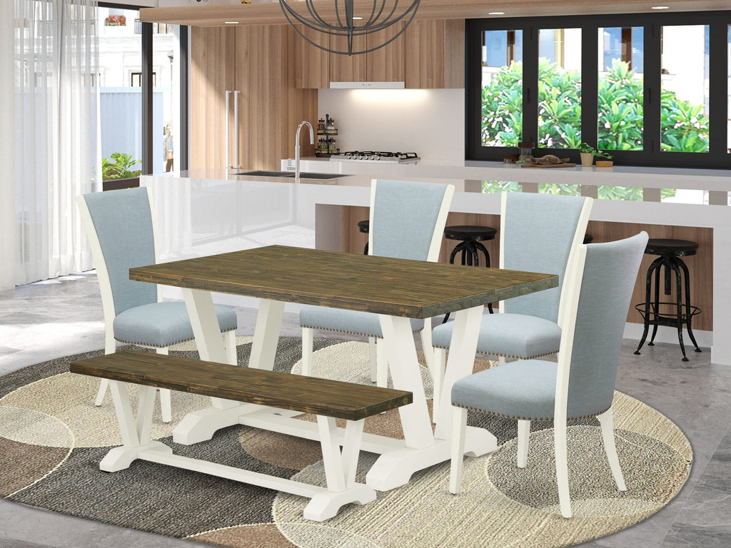 V076VJ07B-Q 6-Piece Dining Ensemble - Rectangle Table with V-Legs, 4 Blue Linen Chairs & Bench