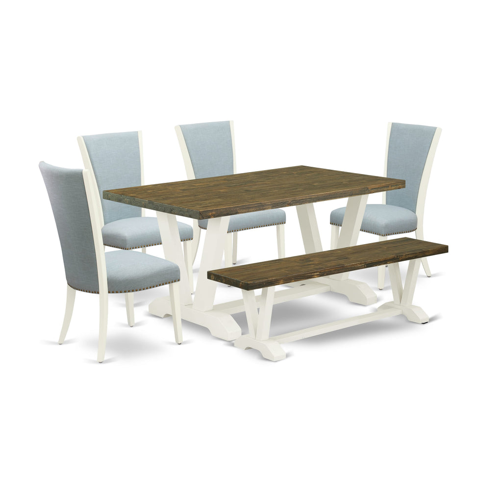 V076VJ07B-Q 6-Piece Dining Ensemble - Rectangle Table with V-Legs, 4 Blue Linen Chairs & Bench