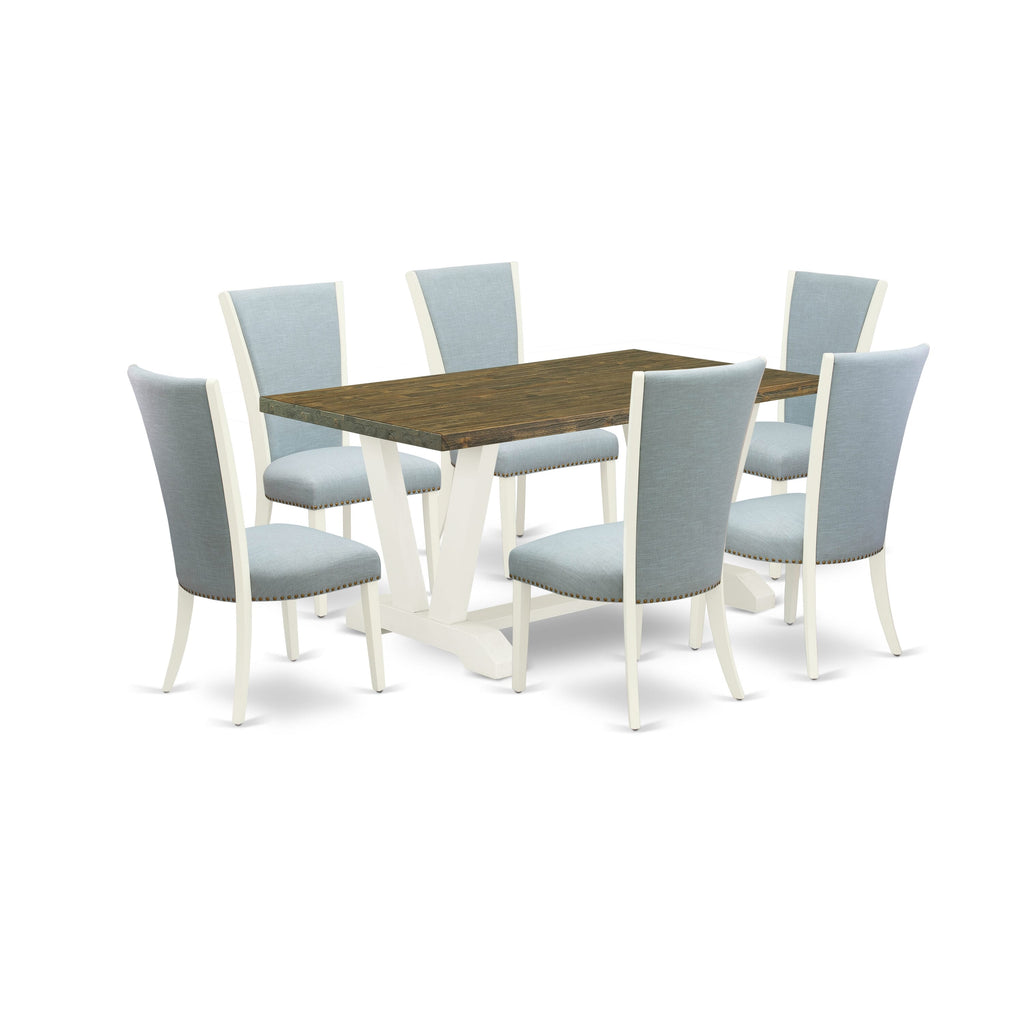 V076VGY5L-K 7-Piece Dining Ensemble Featuring V-Leg Table and Six Soft Blue Fabric Seats, 36x60-Inch