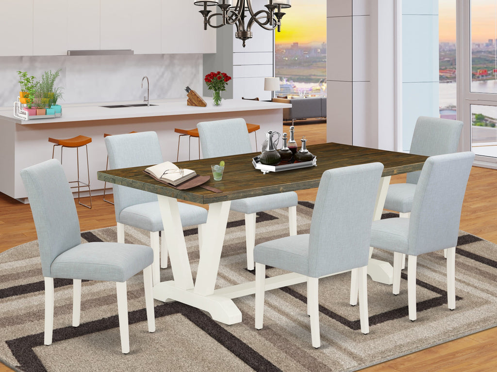 V077AQPCG-E 7-Piece Dining Ensemble with Rectangular Table and Six Elegant Chairs in Sea Tint and Multi-Hues