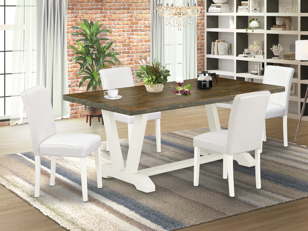 V077AXTAW-G 5-Piece Dining Ensemble with V-Leg Rectangle Table and 4 White Faux Leather Seats, Multi-Color 40x72