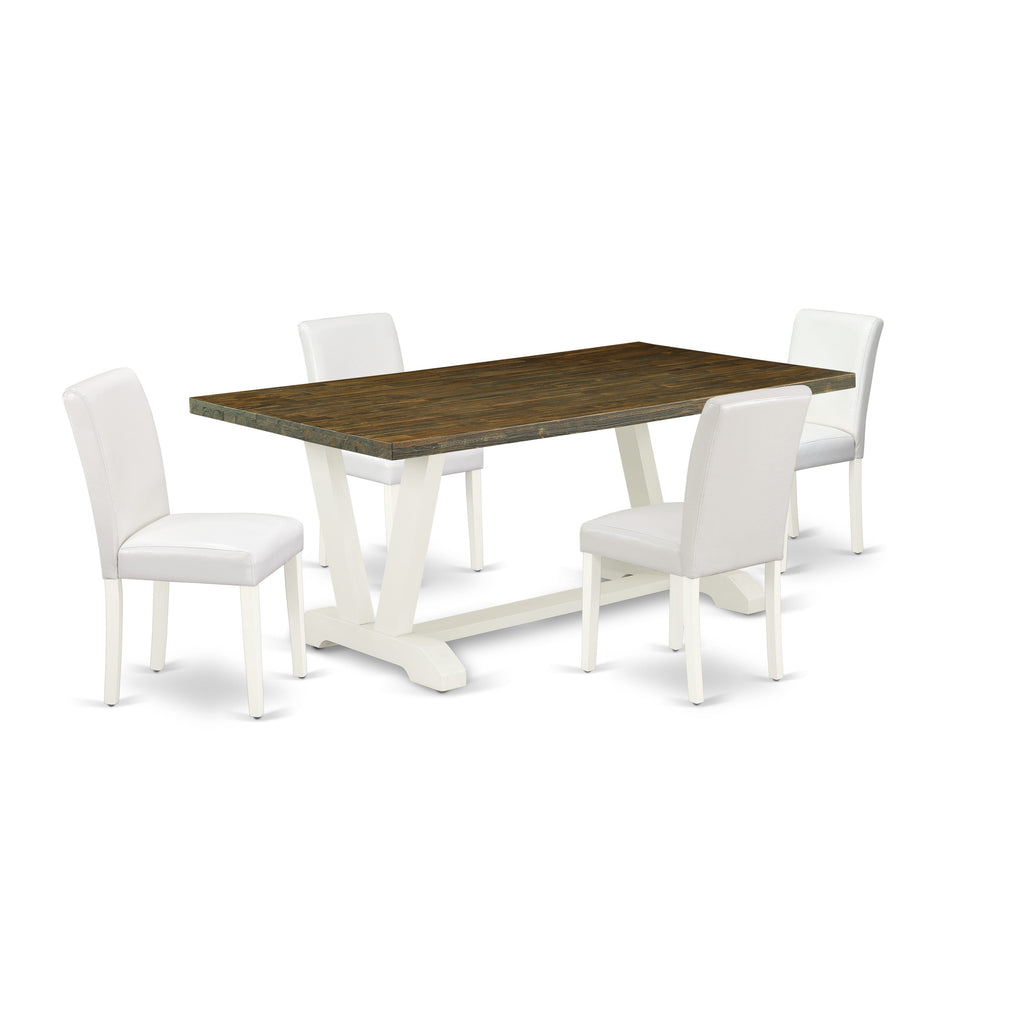 V077AXTAW-G 5-Piece Dining Ensemble with V-Leg Rectangle Table and 4 White Faux Leather Seats, Multi-Color 40x72