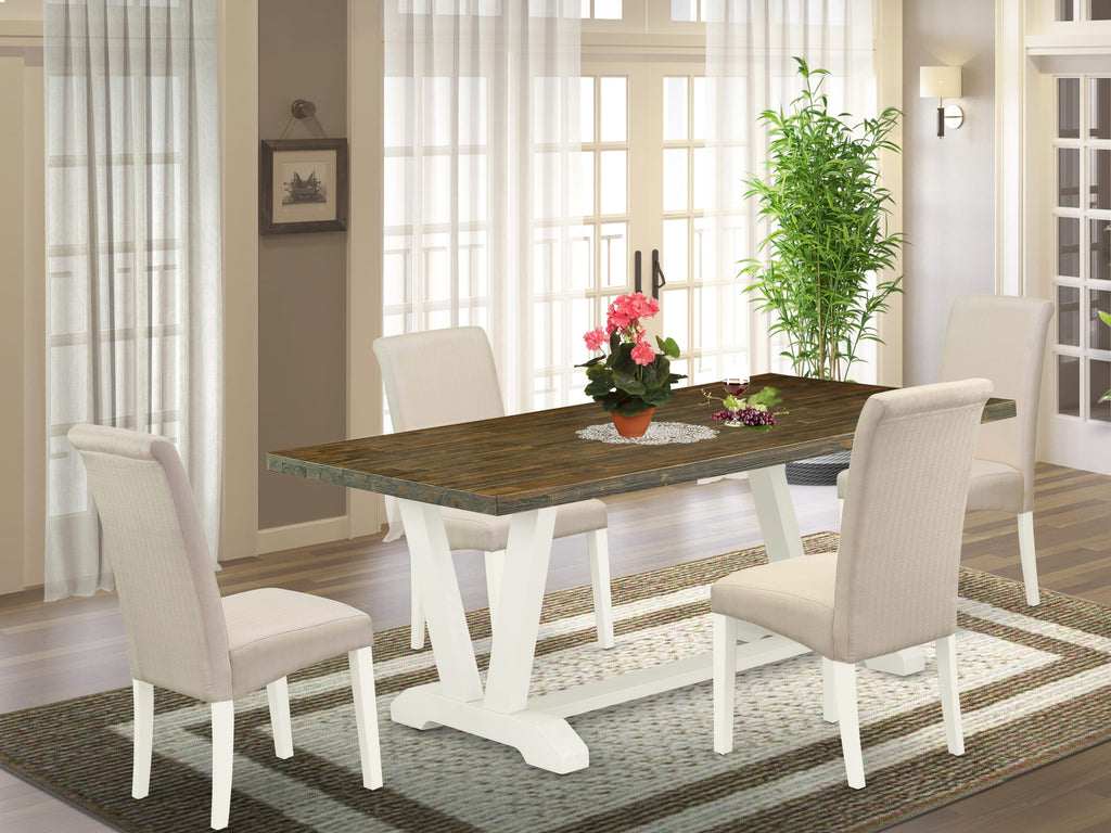 V077BBHF7-Q Elegant 5-Piece Dining Set with Modern Rectangle V-Leg Table and 4 Multi-Color Upholstered Chairs