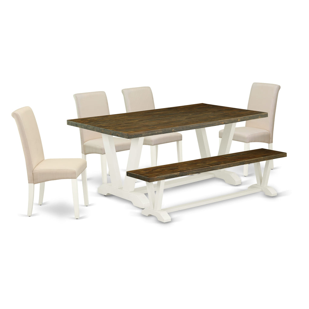 V077BG06U Six-Piece Dining Set Rectangular V-Leg Table, 4 Cream Parson Chairs & 1 Bench for Dining Room