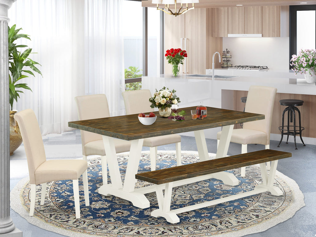 V077BG06U Six-Piece Dining Set Rectangular V-Leg Table, 4 Cream Parson Chairs & 1 Bench for Dining Room