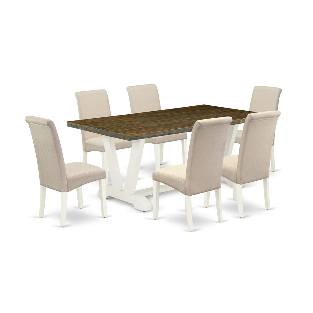 V077BXCMV-R Elegant Dining Set 6 Parson Chairs & V-Leg Table, Cream Linen Upholstery, 7 Piece, 40x72