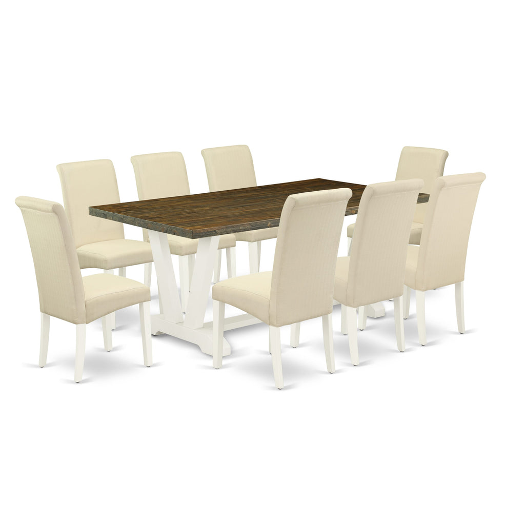 V077BT8TH-R 9-Piece Dining Set Rectangular Table with Distinctive V-Legs & 8 Cream Chairs, Multi-Color