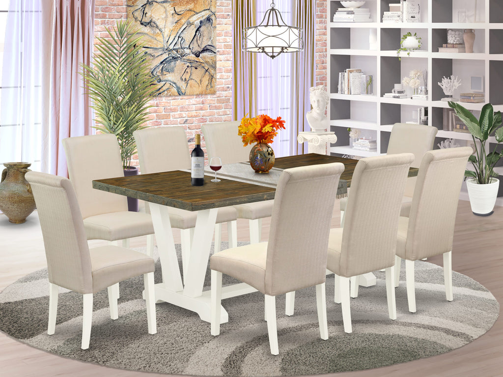 V077BT8TH-R 9-Piece Dining Set Rectangular Table with Distinctive V-Legs & 8 Cream Chairs, Multi-Color