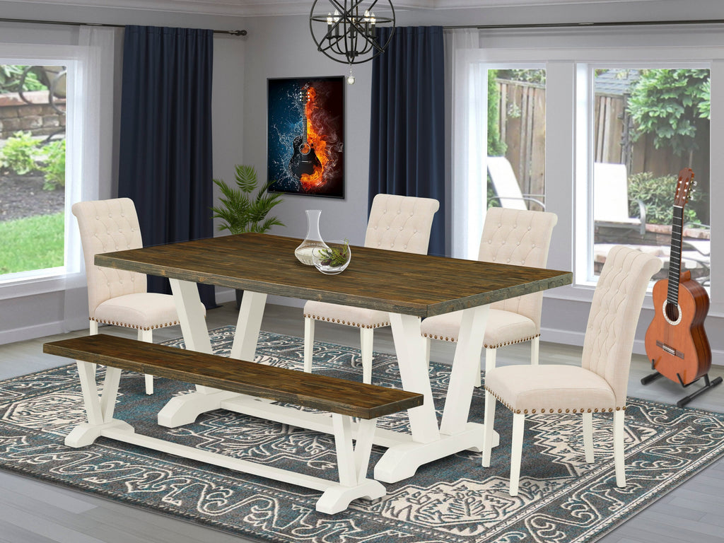 V077BXRVT-O 6-Piece Dining Set with V-Legs, Parson Chairs, and Bench in Multi-Color, 40x72