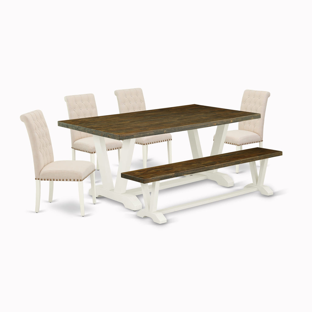 V077BXRVT-O 6-Piece Dining Set with V-Legs, Parson Chairs, and Bench in Multi-Color, 40x72
