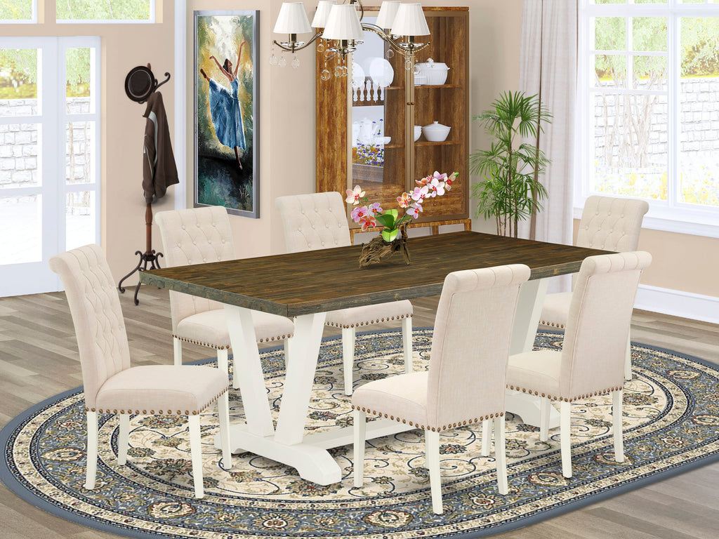 V077BEU3L-K 7-Piece Dining Ensemble with Rectangular Table and Upholstered Chairs, Multicolor