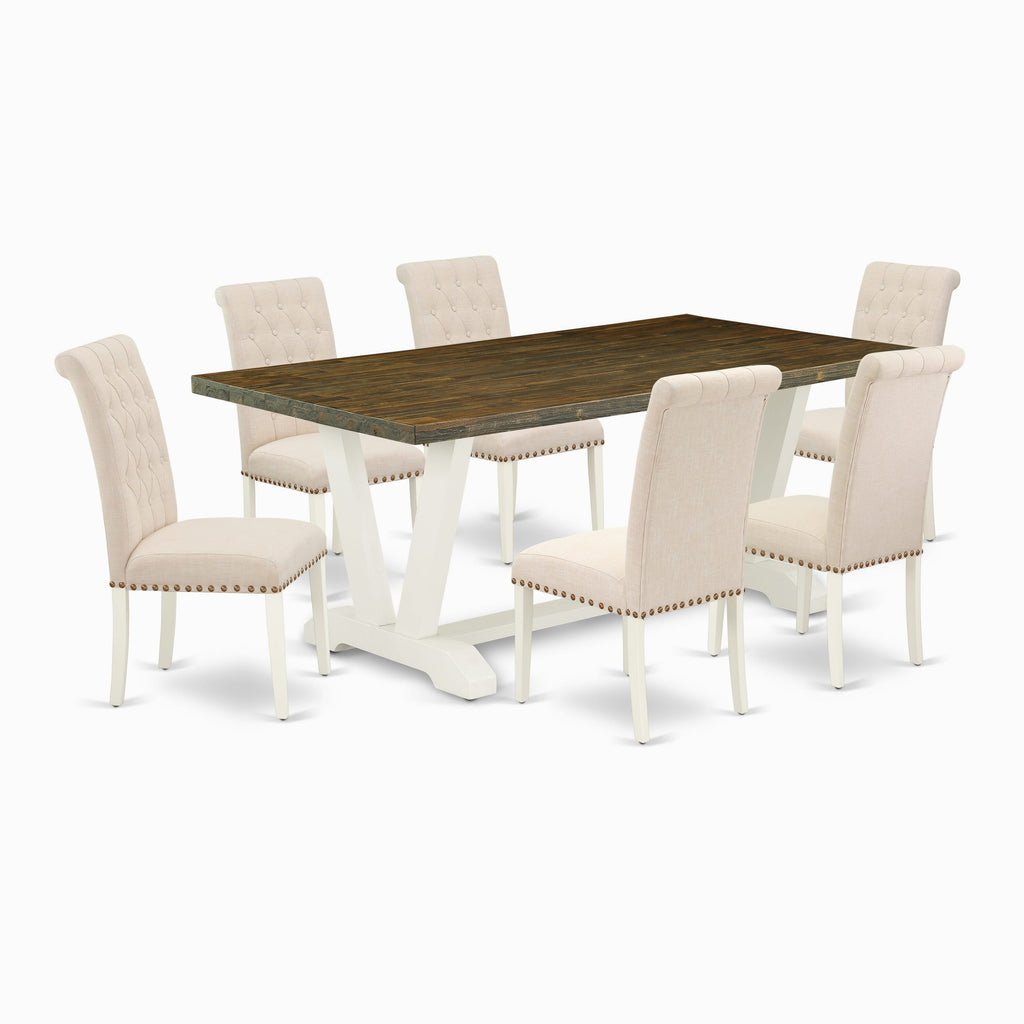 V077BEU3L-K 7-Piece Dining Ensemble with Rectangular Table and Upholstered Chairs, Multicolor