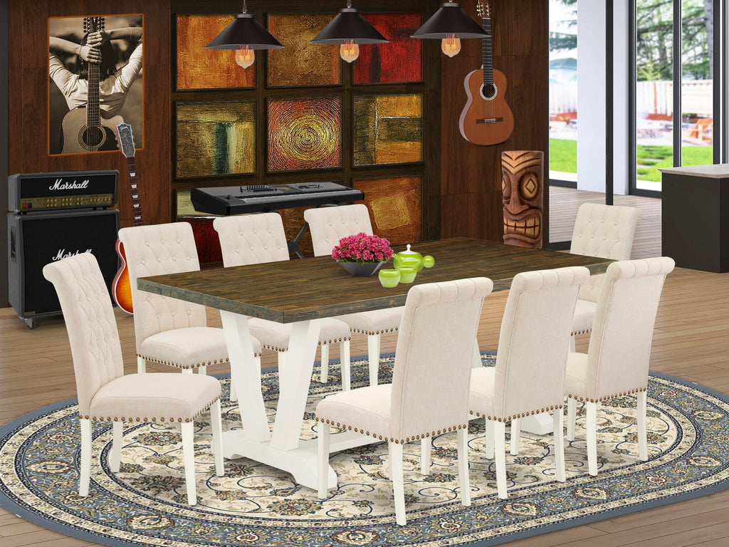 V077BAXWQ-Q 9 Piece Dining Ensemble with V-Legs and 8 Beige Linen Fabric Chairs, Vibrant 40x72 Inch