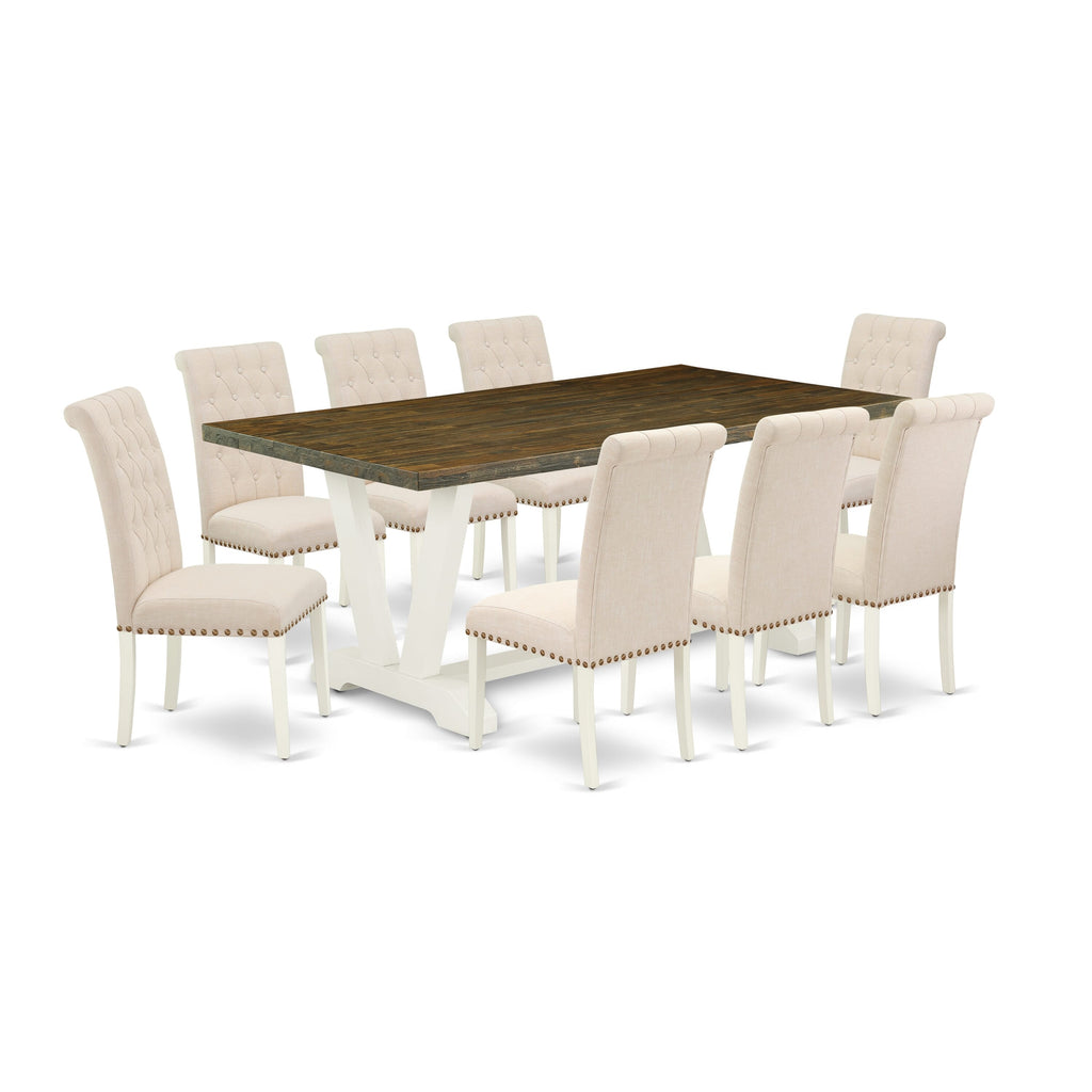 V077BAXWQ-Q 9 Piece Dining Ensemble with V-Legs and 8 Beige Linen Fabric Chairs, Vibrant 40x72 Inch