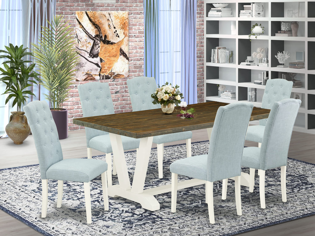 Luxurious V077CYWN3-G 7-Piece Dining Ensemble with V-Leg Table and Baby Blue Chair Set