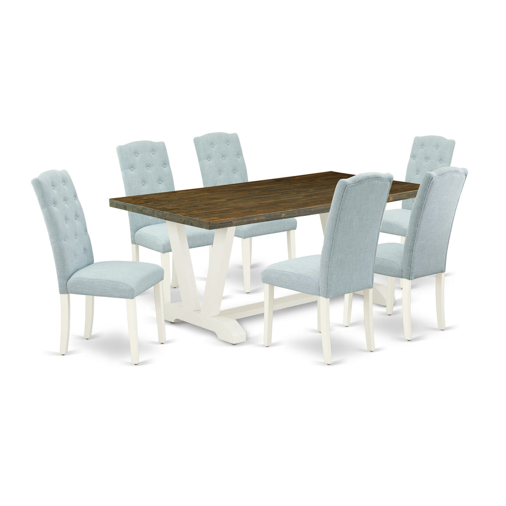 Luxurious V077CYWN3-G 7-Piece Dining Ensemble with V-Leg Table and Baby Blue Chair Set